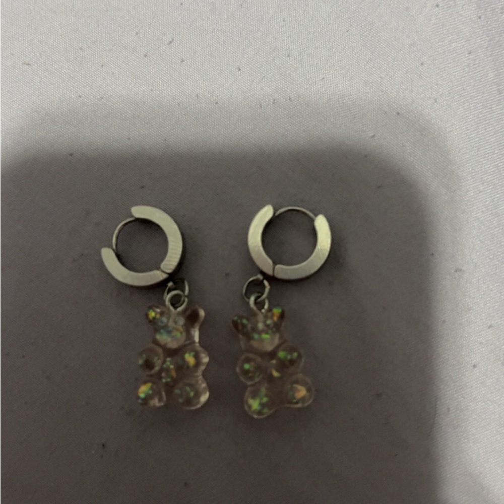 Silver Hoop Earrings with Clear Bear Charms
